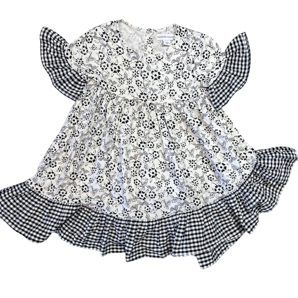 Harper Canyon Girls Floral Gingham Mixed Print Babydoll Dress Black White Size 4